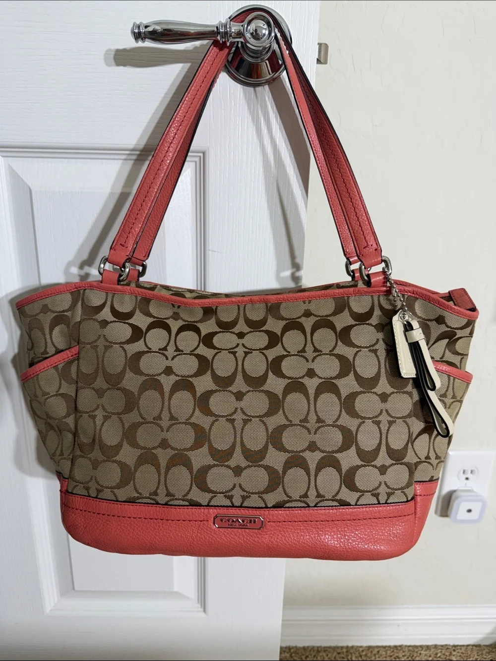 Coach Park Signature Carrie Tote in beautiful Khaki & Coral Orange!